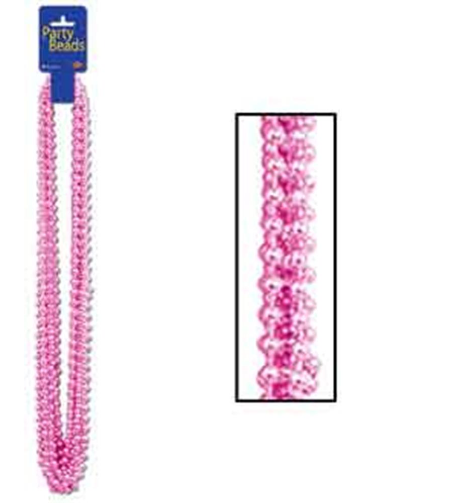 Long pink plastic bead necklace with small round beads, shiny finish.