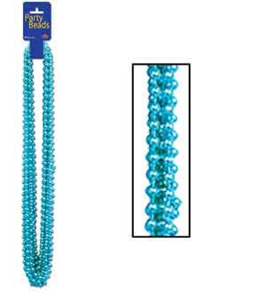 Two strands of small round teal plastic party beads with a shiny, smooth surface.