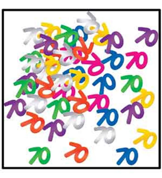 Colorful confetti cutouts shaped like the number 70 in various bright colors including purple, yellow, orange, green, blue,.