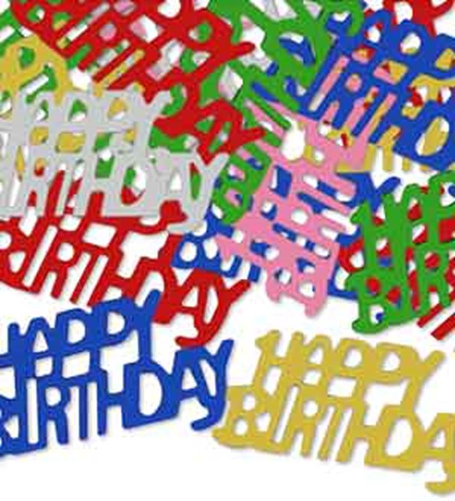 Colorful plastic confetti pieces shaped like "Happy Birthday" text in red, blue, green, yellow, pink, and white.