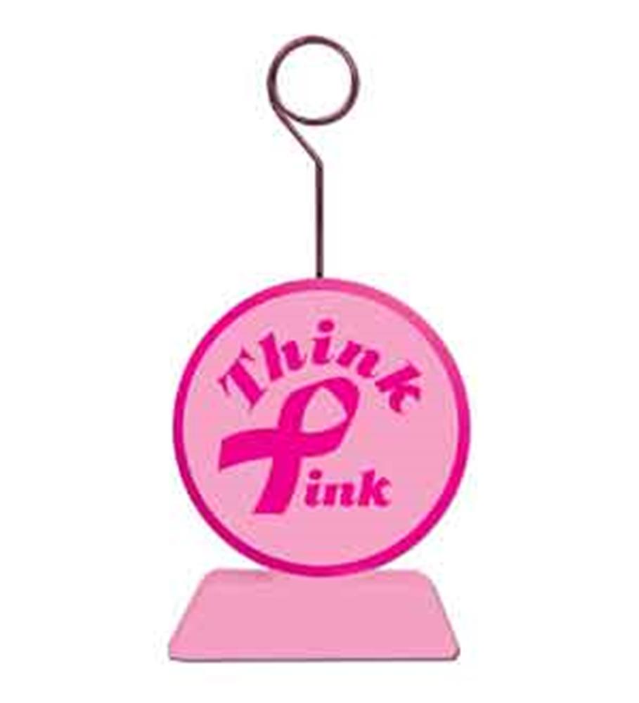 Pink round photo holder with pink ribbon and "Think Pink" text on a metal wire stand and pink base.