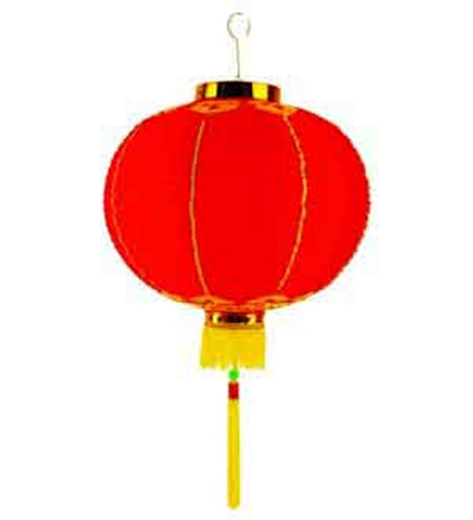 Red round paper lantern with gold trim, yellow tassel, and hanging hook, 12 inches tall.