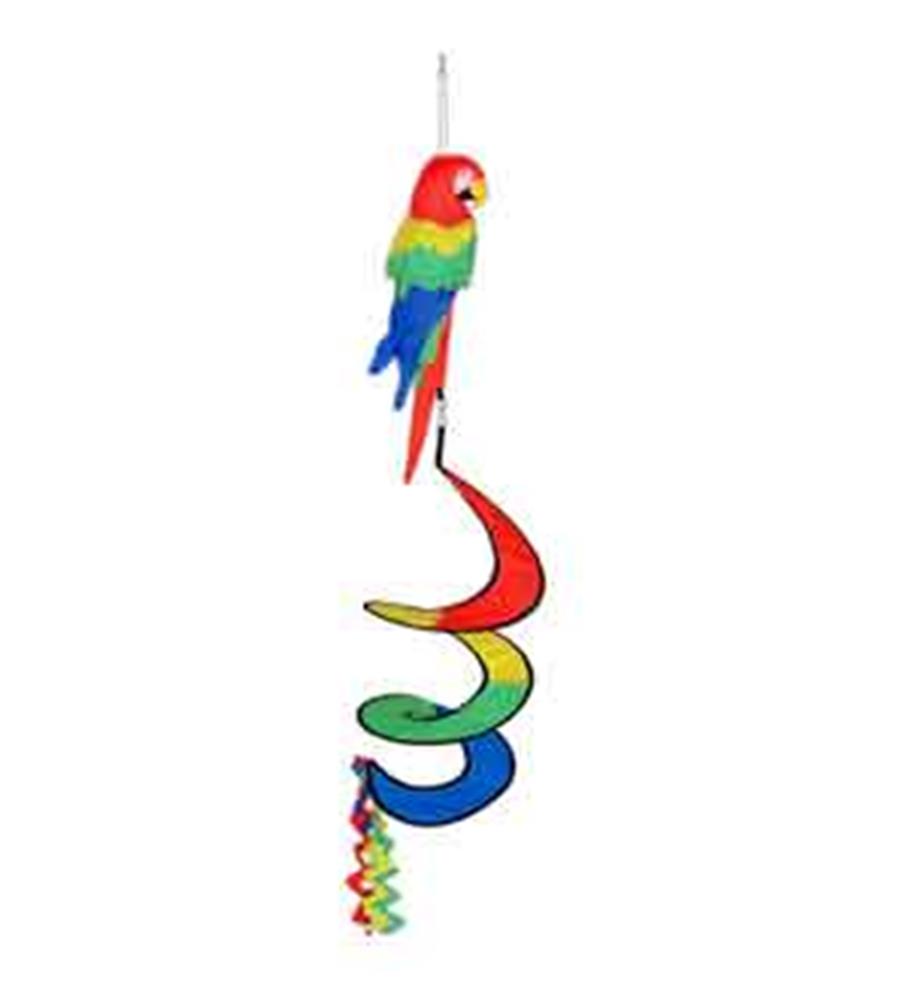 Colorful tropical parrot wind spinner with red, green, yellow, and blue spiral tail in metal and plastic materials.
