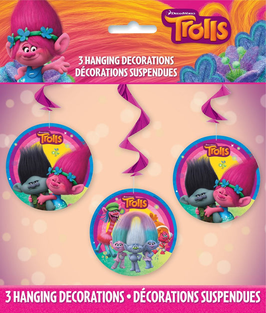 Three 26-inch round hanging swirls featuring colorful Trolls characters with pink spiral ribbons for decoration.