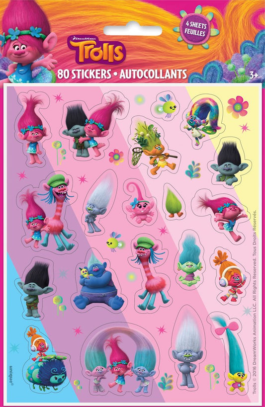 Colorful Trolls themed sticker sheet with 20 vibrant character and object stickers on pink background.