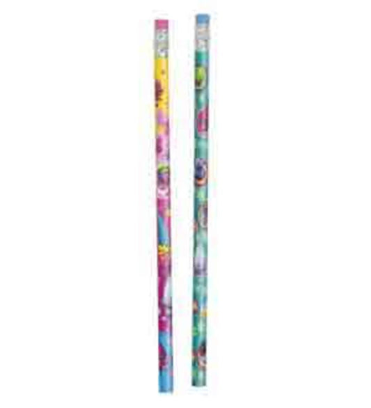 Two colorful wooden pencils featuring Trolls characters with bright pink, blue, yellow, and green backgrounds.
