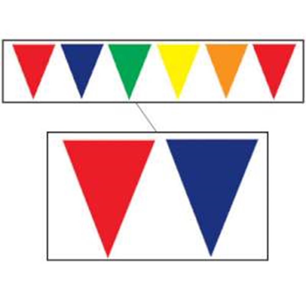 Multi-color triangular pennant banner with red, blue, green, yellow, and orange flags on white string.