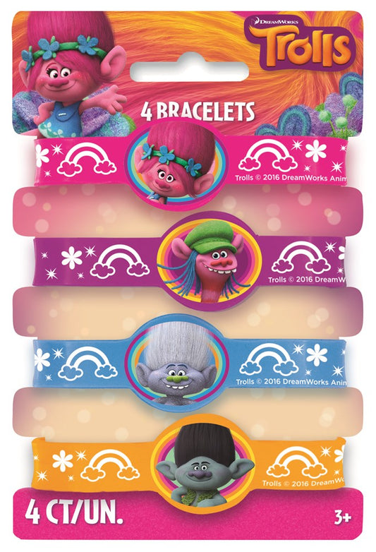 Set of four colorful stretch bracelets featuring Trolls character faces on pink, purple, blue, and yellow bands with white.