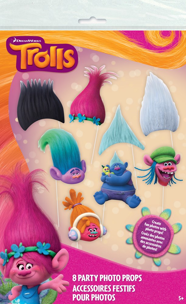 Colorful Trolls-themed party photo props including hair shapes and character faces, made of lightweight material.