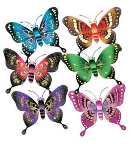 Set of six colorful 5-inch metal butterfly decorations in blue, orange, pink, green, purple, and magenta with detailed wing.
