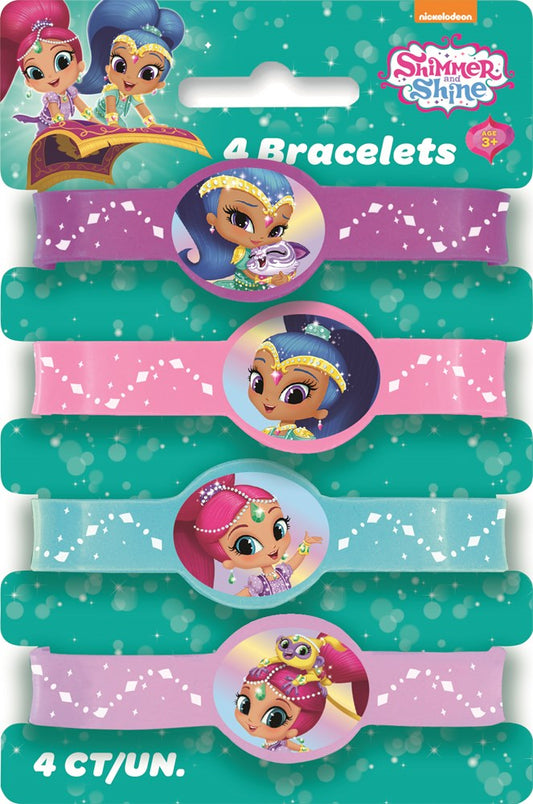 Set of four colorful stretch bracelets with glittery bands and oval Shimmer and Shine character charms.
