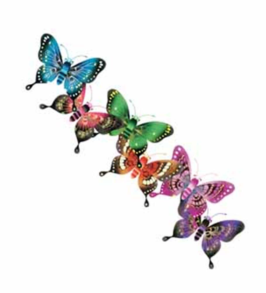 Set of six colorful butterfly decorations in blue, pink, green, orange, purple, and lilac with black accents and wire.