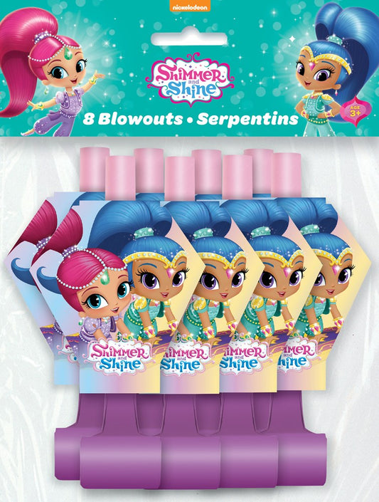 Set of 8 colorful blowouts featuring Shimmer and Shine characters with pink and purple mouthpieces.