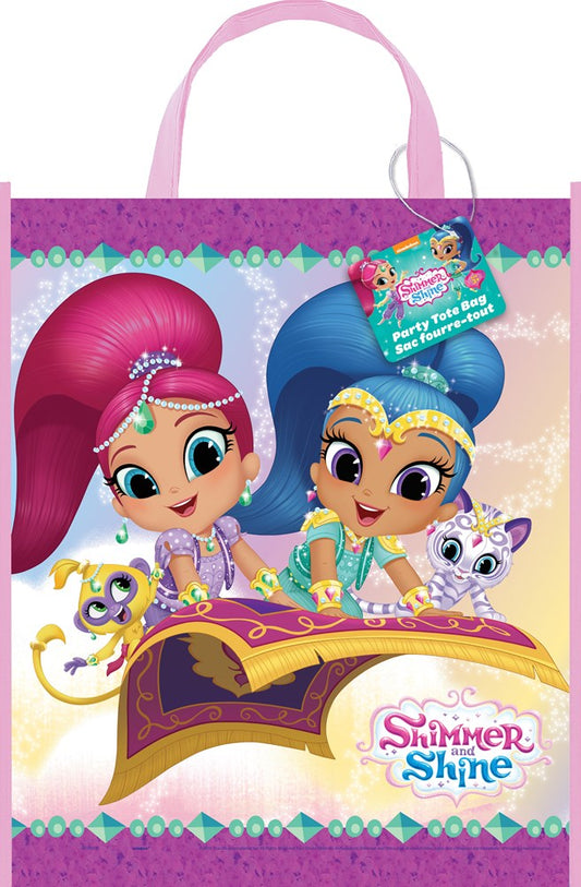 Colorful Shimmer and Shine tote bag with pink handles, featuring cartoon characters on a magic carpet design.