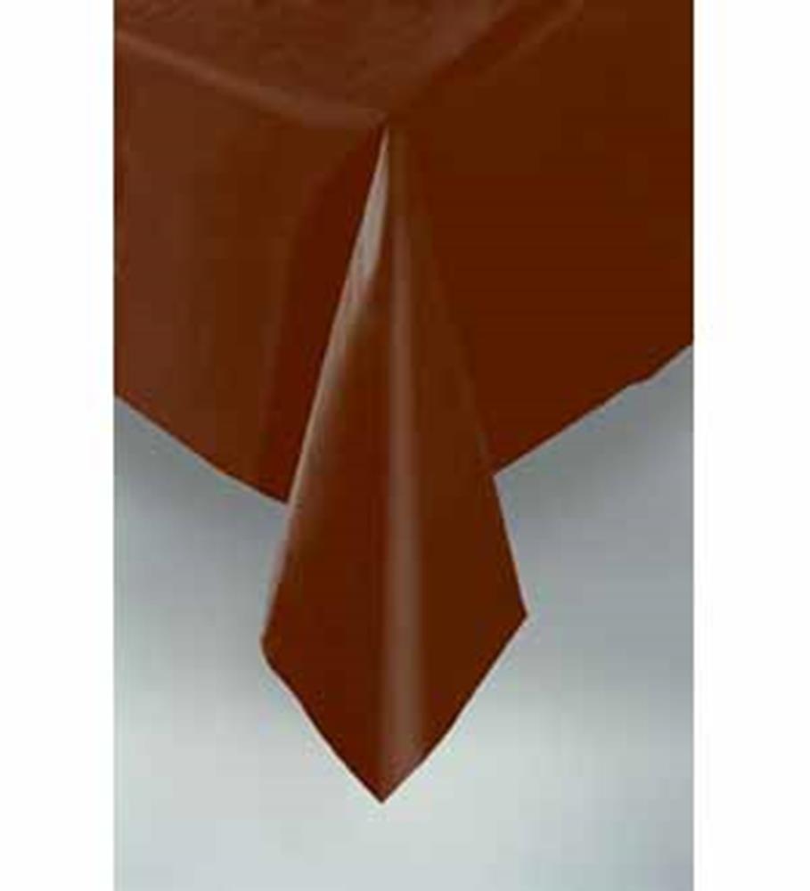 Rectangular brown tablecover with smooth texture, draping over table edges.