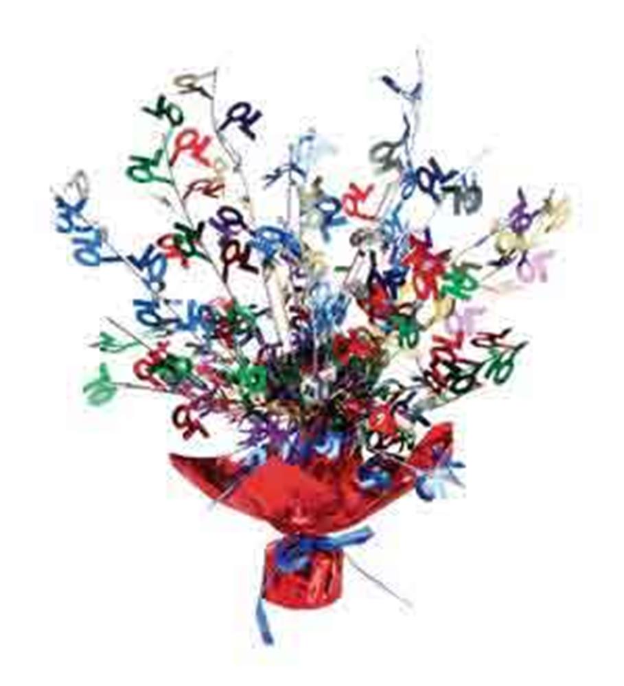 Colorful metallic foil centerpiece with multicolored "70" shapes bursting from a red foil-wrapped base.