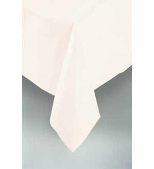 Rectangular ivory tablecloth with smooth fabric draping over table edges.