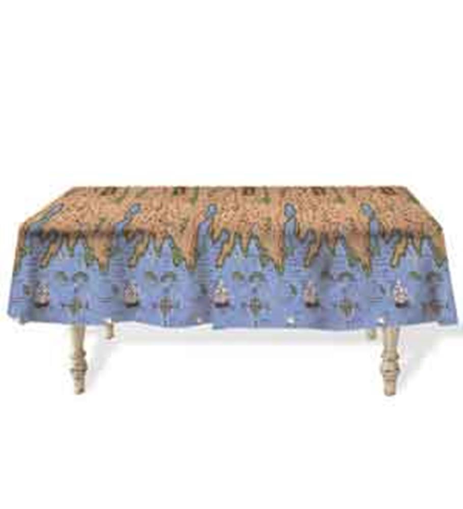 Rectangular tablecover with a pirate treasure map design, featuring brown and blue colors and illustrated pirate ships.