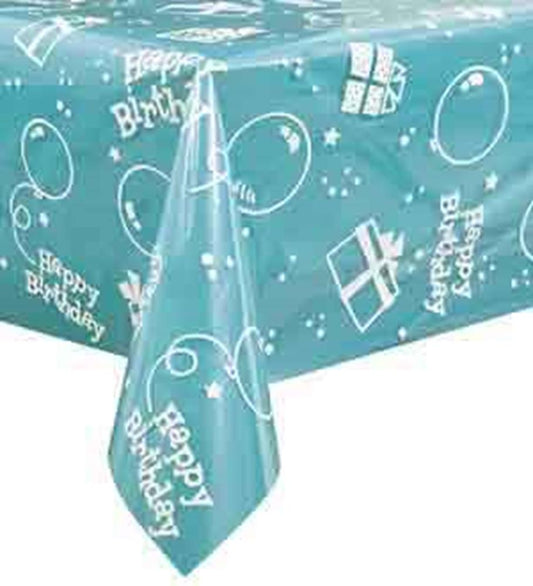 Clear plastic tablecover with white "Happy Birthday" text, balloons, and gift box patterns.