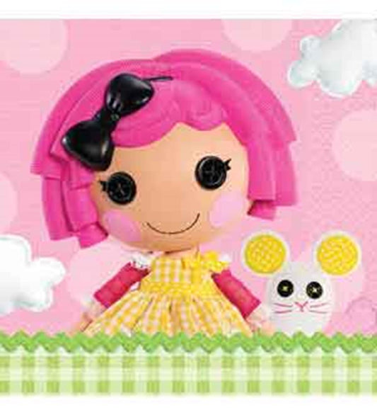 Lalaloopsy character with pink yarn hair, black bow, large button eyes, yellow checkered dress, and a white mouse on pink.