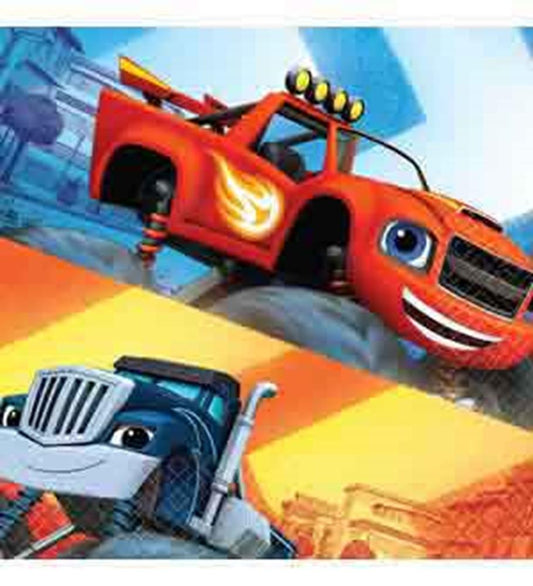 Colorful party napkin featuring an orange monster truck with flames and a smiling face.