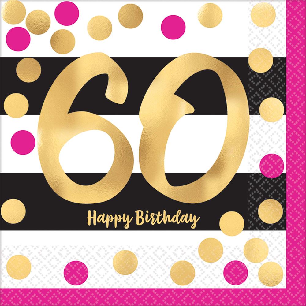 White napkin with large gold "60" and pink and gold polka dots, "Happy Birthday" text in gold.