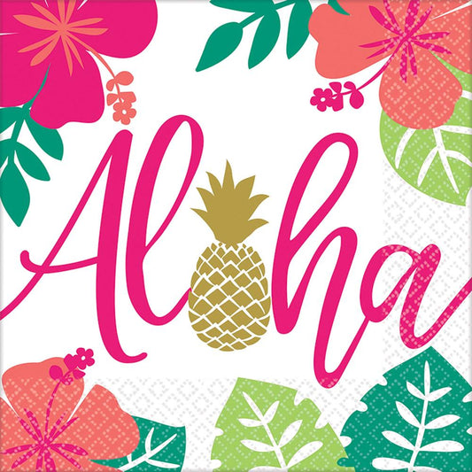 White square luncheon napkin with bright pink "Aloha" text, gold pineapple, and tropical floral and leaf designs.