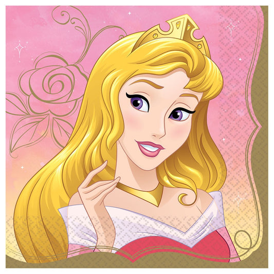 Pink square paper napkin featuring Disney Princess Aurora with long blonde hair and a gold crown, floral swirls background,.