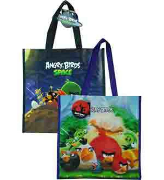 Two Angry Birds Space non-woven tote bags with black handles, featuring colorful Angry Birds characters on blue and green.