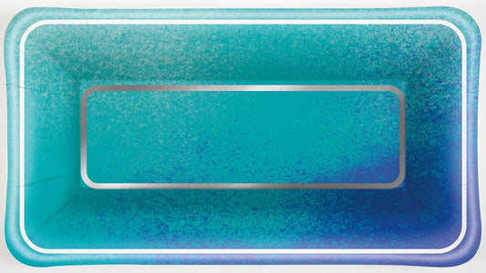 Rectangular ocean blue scallop plate with gradient shading and speckled texture, 8-pack.