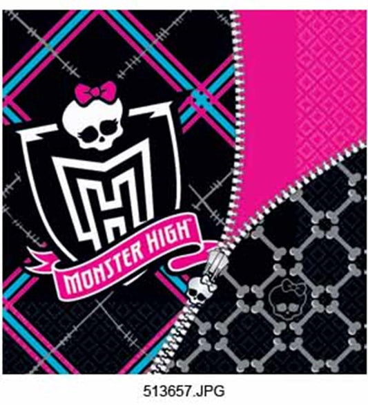 Black and pink Monster High napkin set with skull logo and plaid and chain patterns, 16-count.