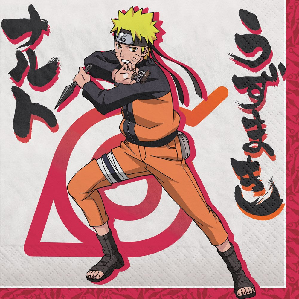 Square luncheon napkin with orange-edged border featuring Naruto Uzumaki in orange and black ninja outfit and Japanese.