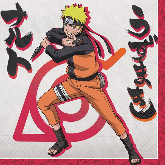 Square luncheon napkin with orange-edged border featuring Naruto Uzumaki in orange and black ninja outfit and Japanese.