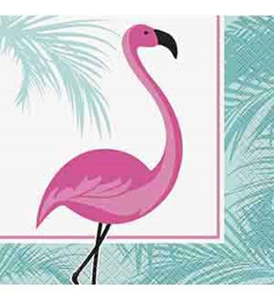 Square napkin with pink flamingo illustration, teal palm leaves border, and white background.