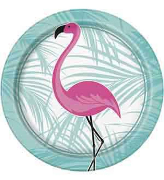 Round paper plate with a teal rim, featuring a pink flamingo and light palm leaf pattern background.