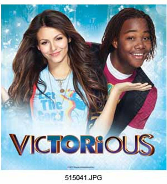 Blue large paper napkin with the word "Victorious" in bold letters and glittery background.