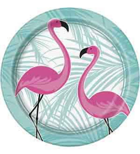 Round paper plate with two pink flamingos on a turquoise background featuring palm leaf patterns.
