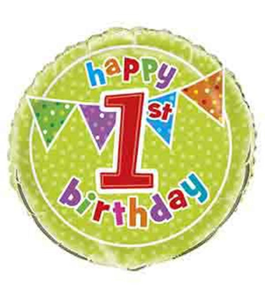 Green round foil balloon with white polka dots, colorful "happy 1st birthday" text, and triangular flag banner design.
