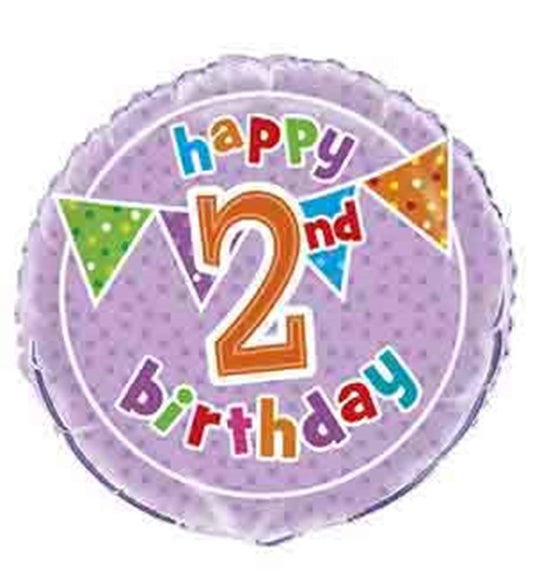 Purple round foil balloon with colorful "happy 2nd birthday" text and polka dot party flags.