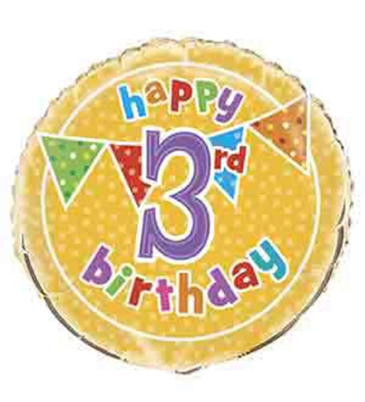 Round yellow foil balloon with white polka dots, colorful "happy 3rd birthday" text, and multicolored pennant banner design.