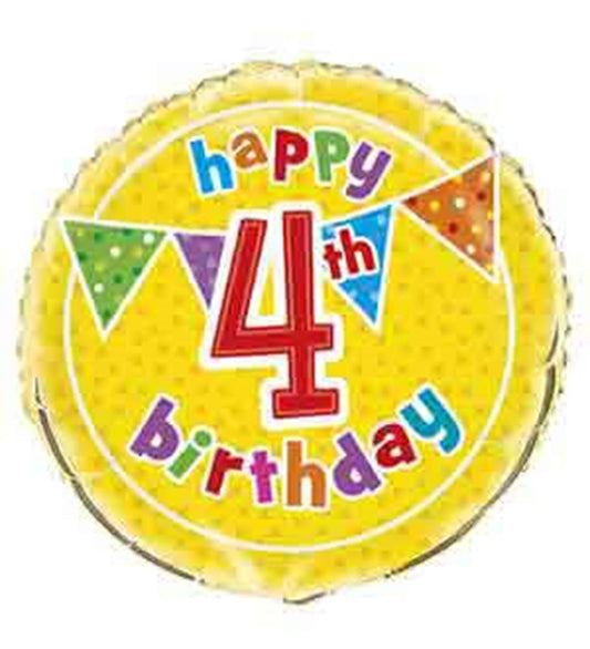 Round yellow foil balloon with green polka dots, colorful bunting, and "happy 4th birthday" text.