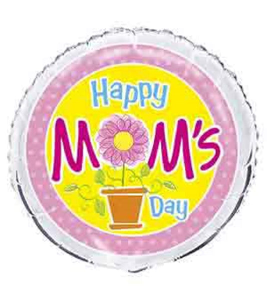 Round foil balloon with a pink polka dot border, yellow center, and "Happy Mom's Day" text with a flower in a pot.