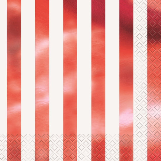 Red foil striped paper napkin with alternating shiny and matte vertical stripes and embossed border edges.
