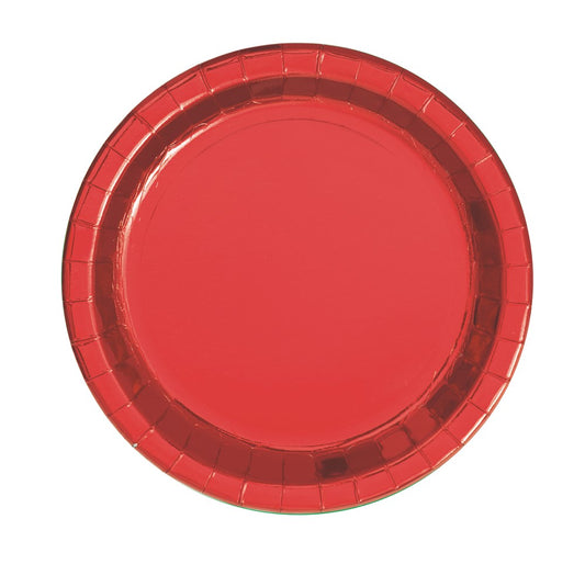 Round red foil plate with a shiny metallic finish and slightly raised edges.