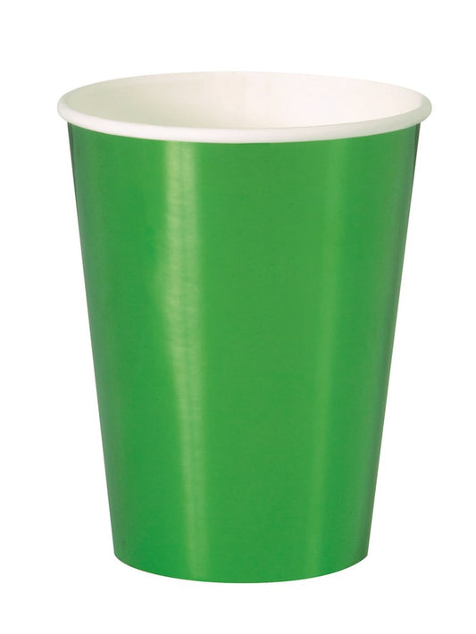 Bright green disposable paper cup with 12oz capacity and white interior rim.