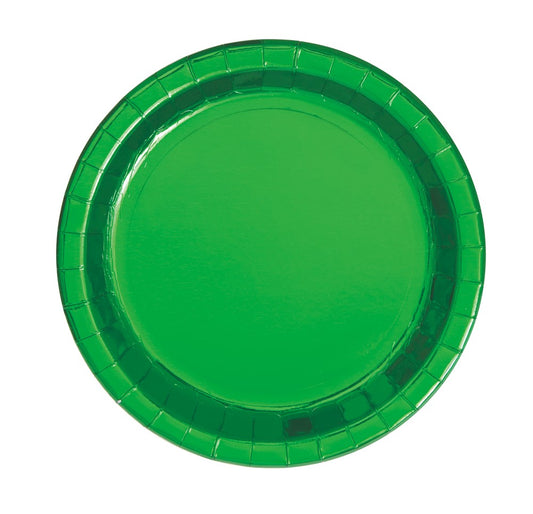 Round green foil plate with a shiny metallic finish and ridged edges.
