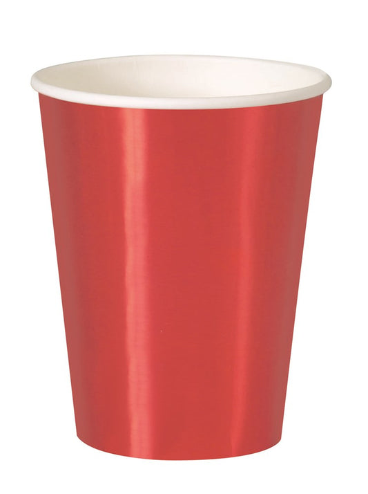 Glossy red disposable paper cup with 12-ounce capacity and white interior rim.