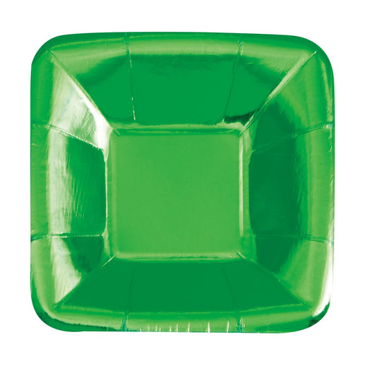 Shiny green foil square plate with slightly raised edges, lightweight disposable tableware.