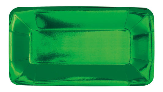 Rectangular green metallic foil plate with slightly raised edges, shiny finish.