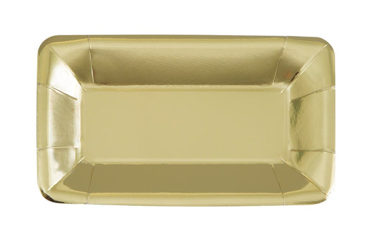 Rectangular gold foil appetizer plate with slightly raised edges, 9x5 inches.